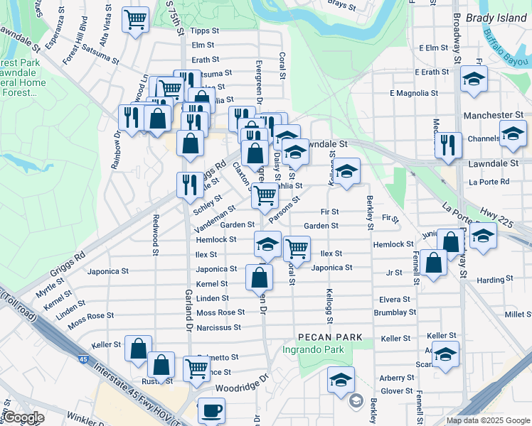map of restaurants, bars, coffee shops, grocery stores, and more near 1308 Evergreen Drive in Houston