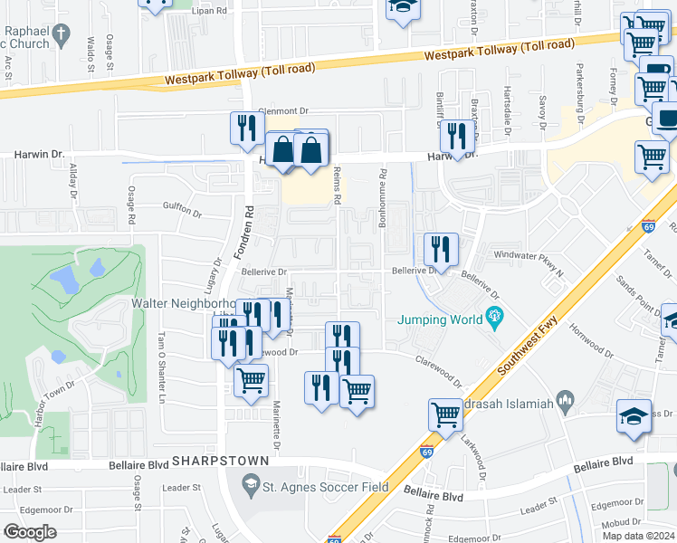 map of restaurants, bars, coffee shops, grocery stores, and more near 6100 Reims Road in Houston