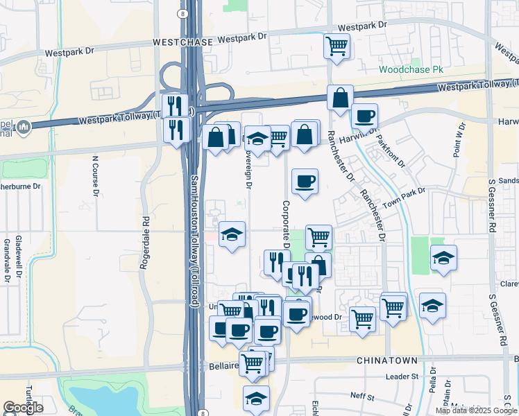 map of restaurants, bars, coffee shops, grocery stores, and more near 5905 Sovereign Drive in Houston