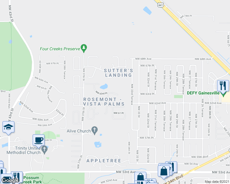 map of restaurants, bars, coffee shops, grocery stores, and more near 3444 Northwest 63rd Place in Gainesville