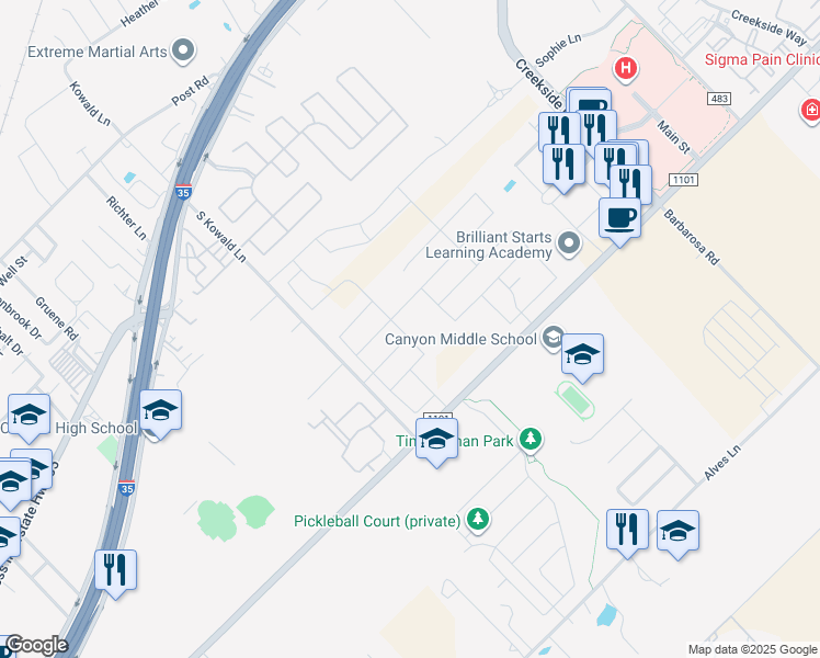 map of restaurants, bars, coffee shops, grocery stores, and more near 651 Pebble Bend in New Braunfels