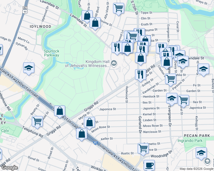 map of restaurants, bars, coffee shops, grocery stores, and more near 2243 Rainbow Drive in Houston