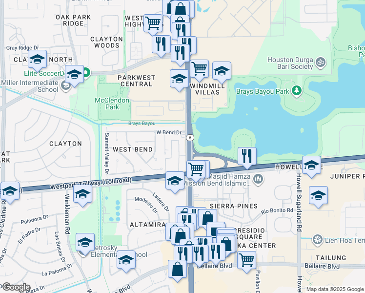 map of restaurants, bars, coffee shops, grocery stores, and more near 4010 Highway 6 in Houston