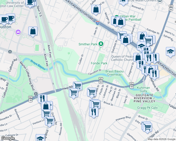 map of restaurants, bars, coffee shops, grocery stores, and more near 2704 Munger Street in Houston