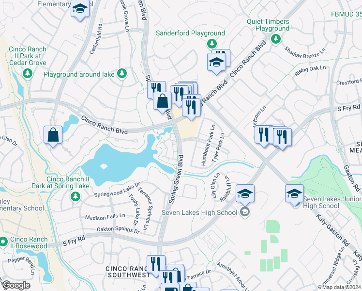 map of restaurants, bars, coffee shops, grocery stores, and more near 10442 Spring Green Boulevard in Katy