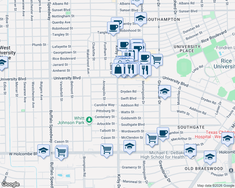 map of restaurants, bars, coffee shops, grocery stores, and more near Kirby Drive in Houston