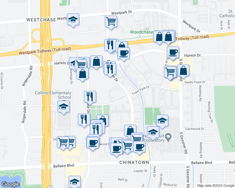 map of restaurants, bars, coffee shops, grocery stores, and more near 116 Ranchester Drive in Houston
