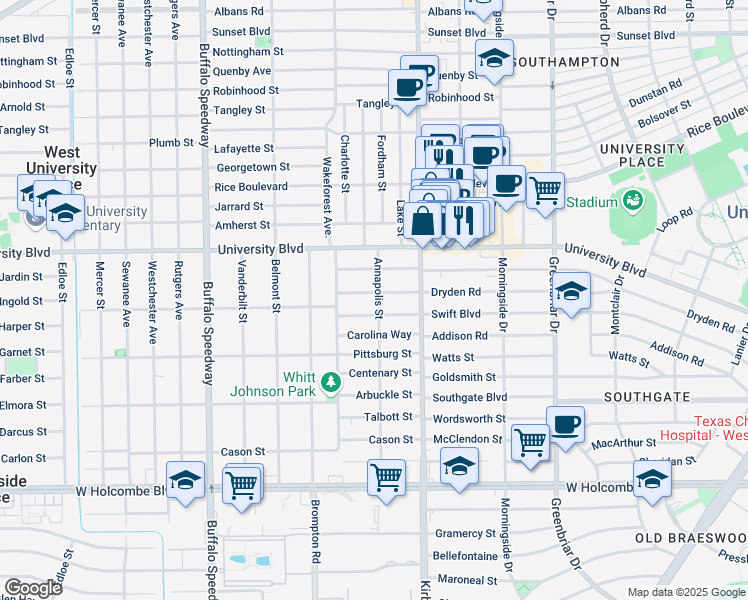 map of restaurants, bars, coffee shops, grocery stores, and more near 2722 Pemberton Drive in Houston