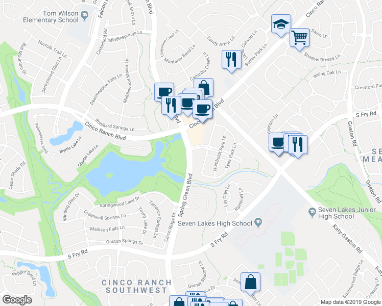 map of restaurants, bars, coffee shops, grocery stores, and more near 10440 Spring Green Boulevard in Katy