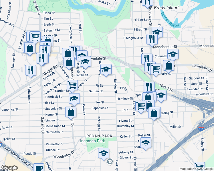 map of restaurants, bars, coffee shops, grocery stores, and more near 7526 Fir Street in Houston