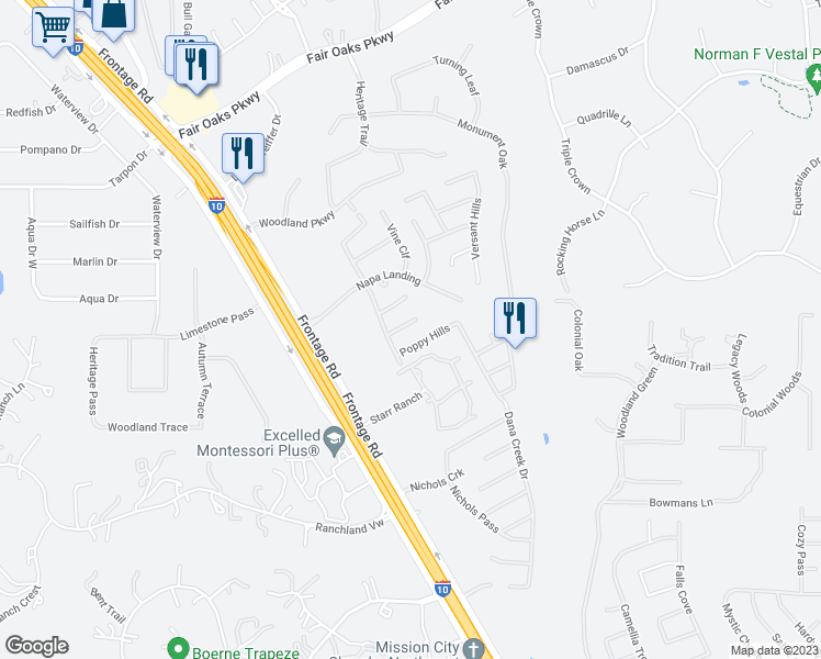 map of restaurants, bars, coffee shops, grocery stores, and more near 8714 Elkhorn Knoll in Boerne