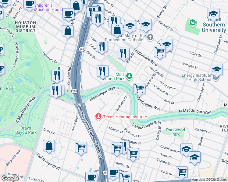 map of restaurants, bars, coffee shops, grocery stores, and more near 3013 Kisling Street in Houston