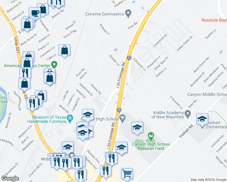 map of restaurants, bars, coffee shops, grocery stores, and more near 1571 North Business Interstate Highway 35 in New Braunfels