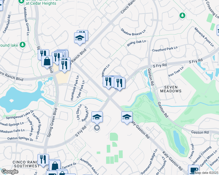 map of restaurants, bars, coffee shops, grocery stores, and more near 9006 Painted Daisy Lane in Katy