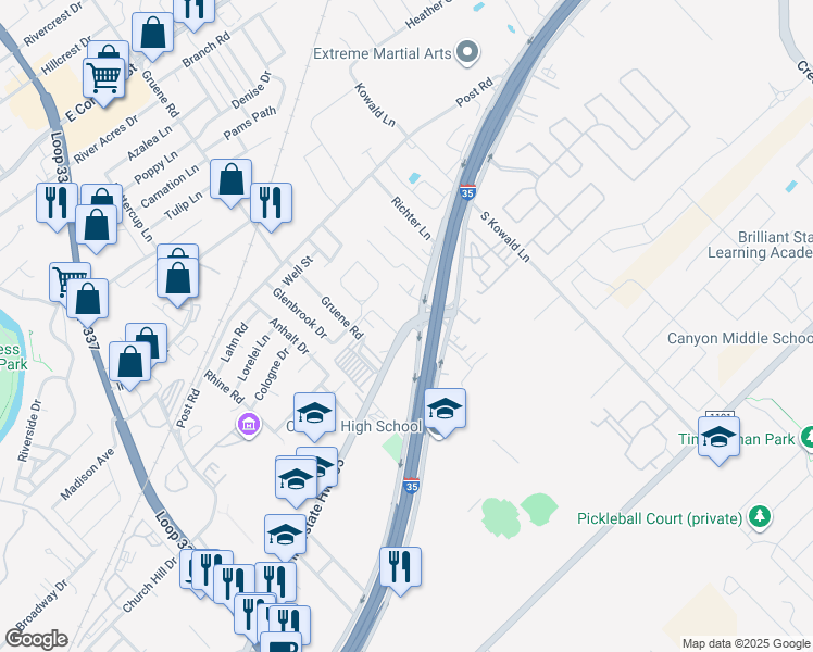 map of restaurants, bars, coffee shops, grocery stores, and more near 1565 Interstate 35 Business in New Braunfels