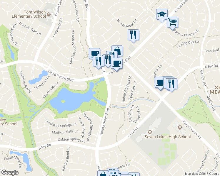 map of restaurants, bars, coffee shops, grocery stores, and more near 10465 Spring Green Boulevard in Katy