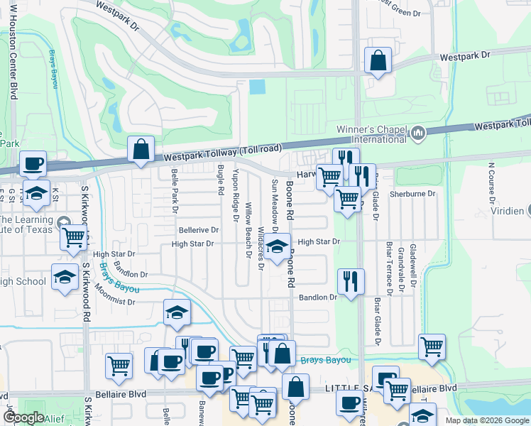 map of restaurants, bars, coffee shops, grocery stores, and more near 4211 Wildacres Drive in Houston