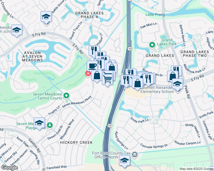 map of restaurants, bars, coffee shops, grocery stores, and more near 6711 South Fry Road in Katy