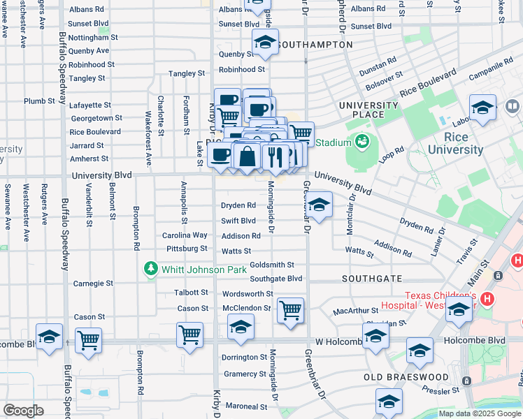 map of restaurants, bars, coffee shops, grocery stores, and more near 2402 Dryden Road in Houston