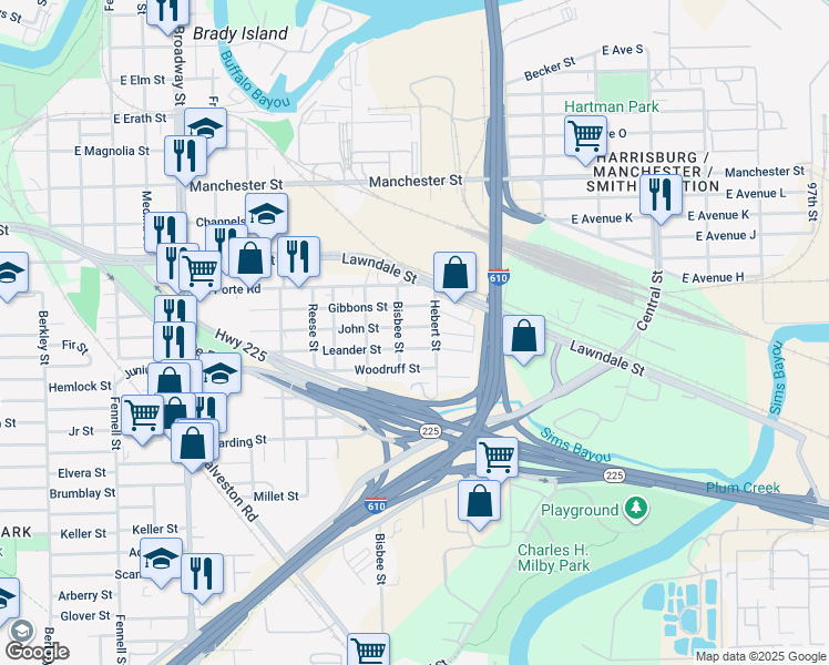 map of restaurants, bars, coffee shops, grocery stores, and more near 8813 John Street in Houston