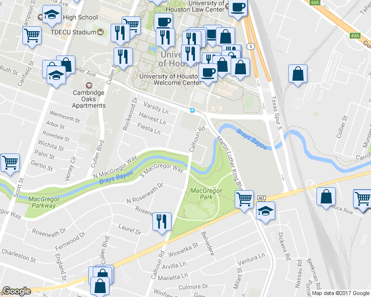 map of restaurants, bars, coffee shops, grocery stores, and more near 5048 Calhoun Road in Houston