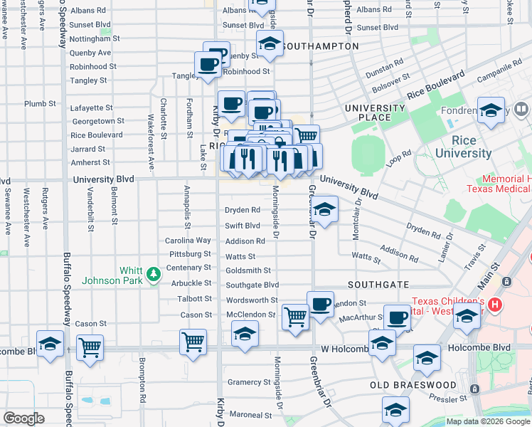 map of restaurants, bars, coffee shops, grocery stores, and more near 2402 Dryden Road in Houston