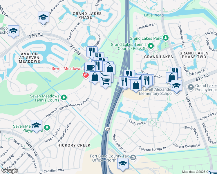 map of restaurants, bars, coffee shops, grocery stores, and more near 6711 South Fry Road in Katy