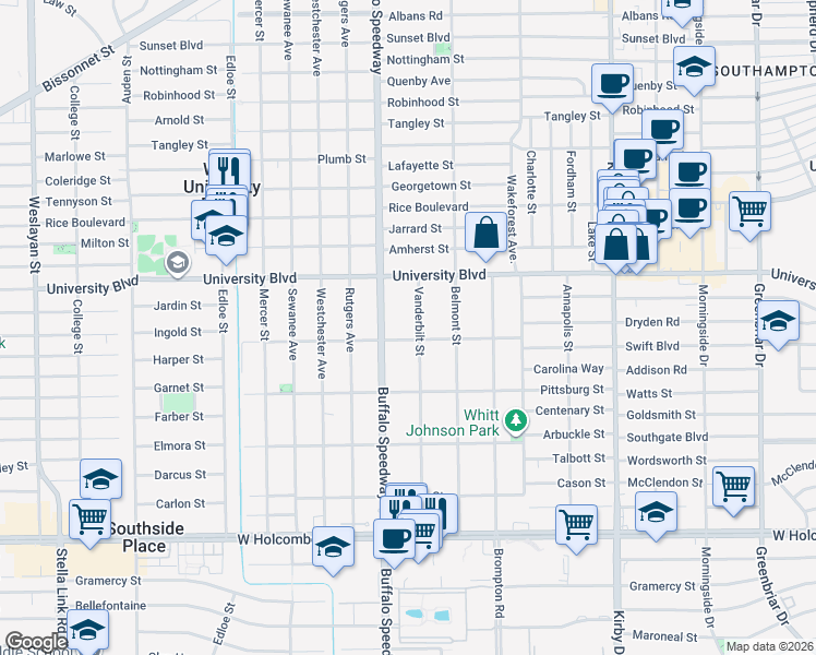 map of restaurants, bars, coffee shops, grocery stores, and more near 6333 Buffalo Speedway in Houston
