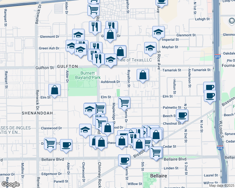 map of restaurants, bars, coffee shops, grocery stores, and more near 5320 Elm Street in Houston