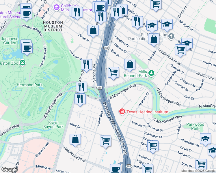 map of restaurants, bars, coffee shops, grocery stores, and more near Mac Gregor-South Freeway in Houston