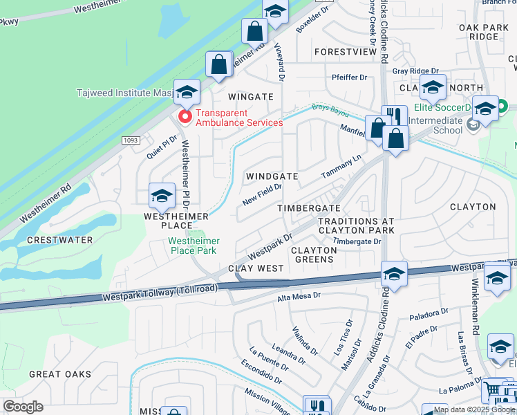 map of restaurants, bars, coffee shops, grocery stores, and more near 16207 New Field Drive in Houston