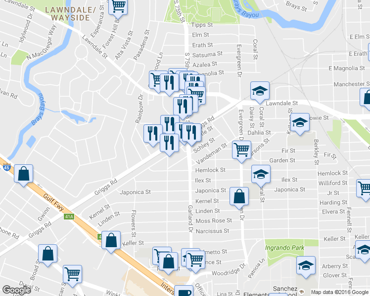 map of restaurants, bars, coffee shops, grocery stores, and more near 7002 Myrtle Street in Houston