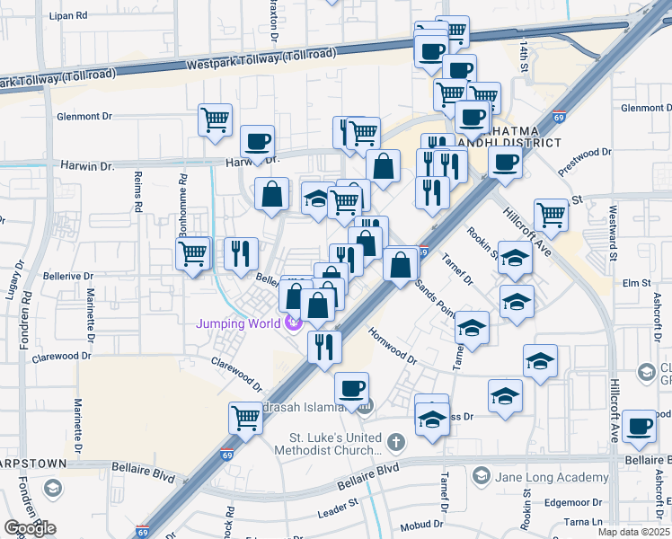 map of restaurants, bars, coffee shops, grocery stores, and more near 6978 Windwater Parkway North in Houston