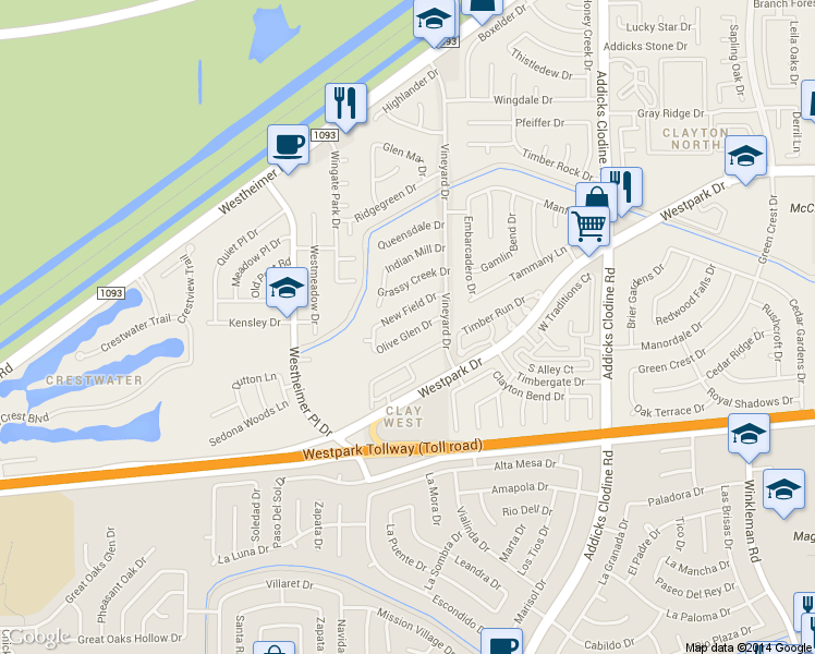 map of restaurants, bars, coffee shops, grocery stores, and more near 16207 New Field Drive in Houston