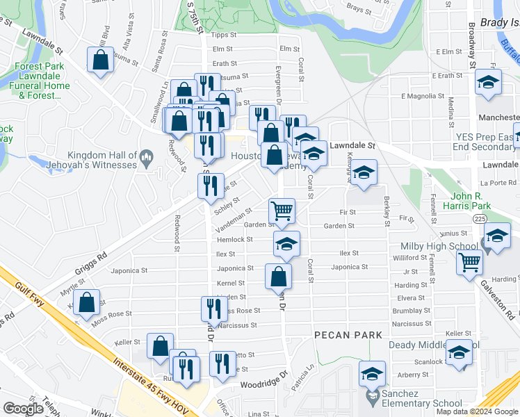 map of restaurants, bars, coffee shops, grocery stores, and more near 7125 Fir Street in Houston