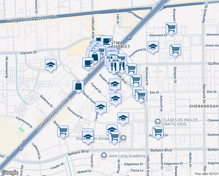 map of restaurants, bars, coffee shops, grocery stores, and more near 6040 Rookin St in Houston