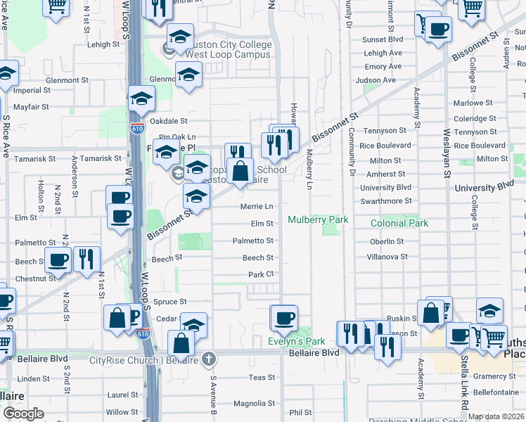 map of restaurants, bars, coffee shops, grocery stores, and more near 4509 Merrie Lane in Bellaire