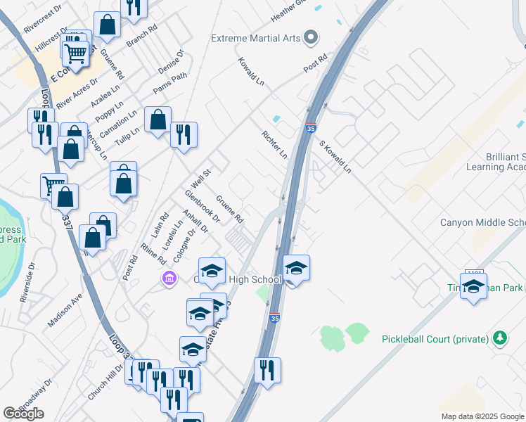 map of restaurants, bars, coffee shops, grocery stores, and more near 1565 Interstate 35 Business Loop in New Braunfels