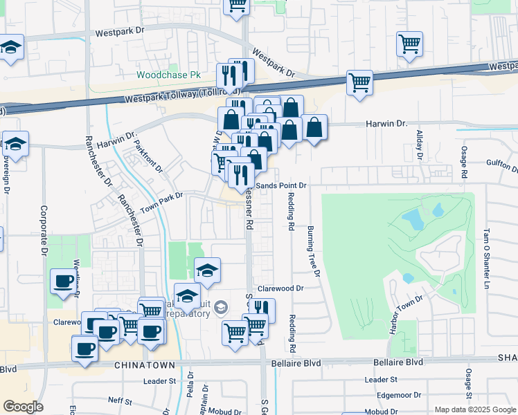 map of restaurants, bars, coffee shops, grocery stores, and more near 6005 South Gessner Road in Houston