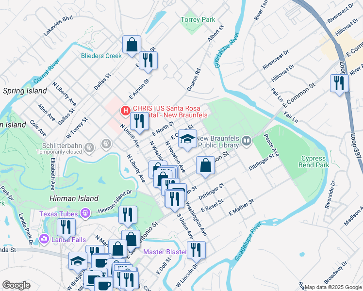 map of restaurants, bars, coffee shops, grocery stores, and more near 389 East Commerce Street in New Braunfels