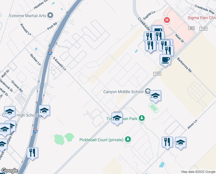 map of restaurants, bars, coffee shops, grocery stores, and more near 651 Pebble Bend in New Braunfels
