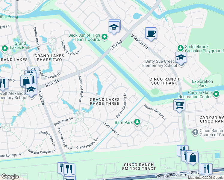 map of restaurants, bars, coffee shops, grocery stores, and more near 21406 Penshore Place Lane in Katy