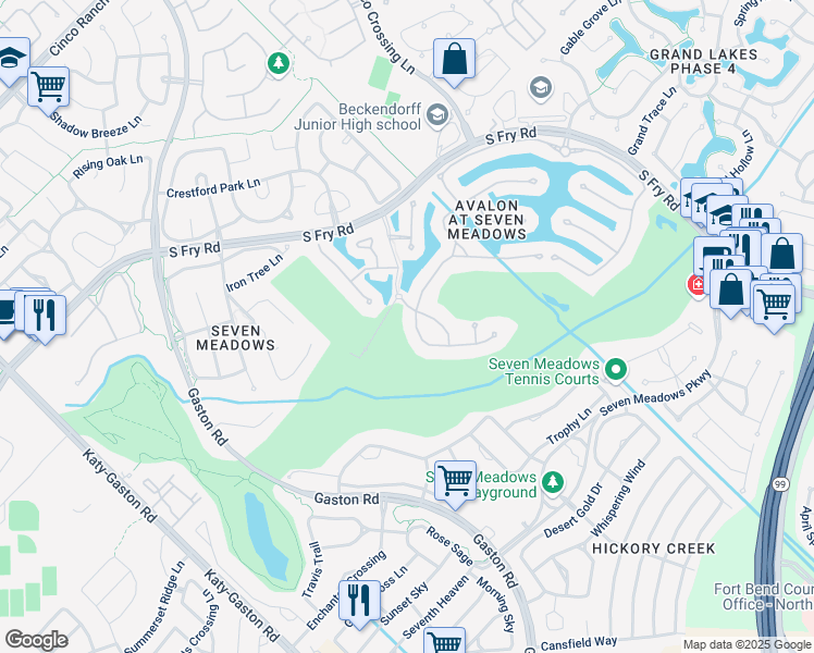 map of restaurants, bars, coffee shops, grocery stores, and more near 8318 Cabrillo Landing Court in Katy