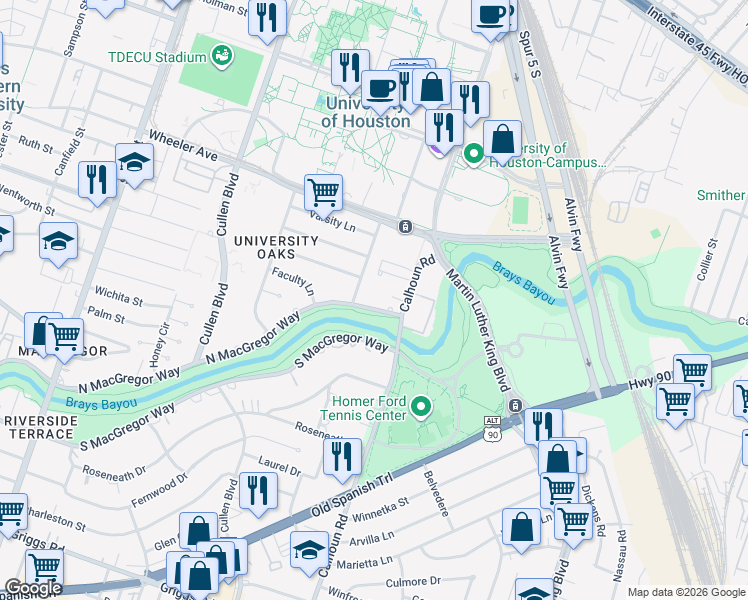 map of restaurants, bars, coffee shops, grocery stores, and more near 4459 North MacGregor Way in Houston