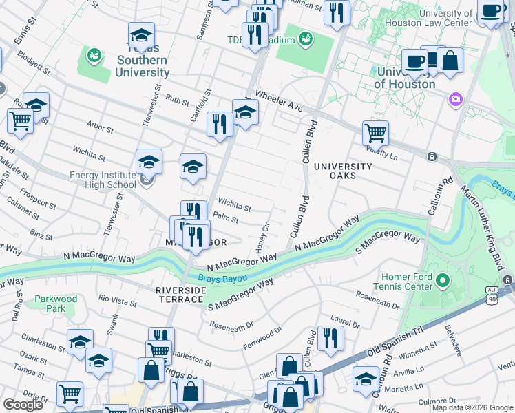 map of restaurants, bars, coffee shops, grocery stores, and more near 3857 Wichita Street in Houston