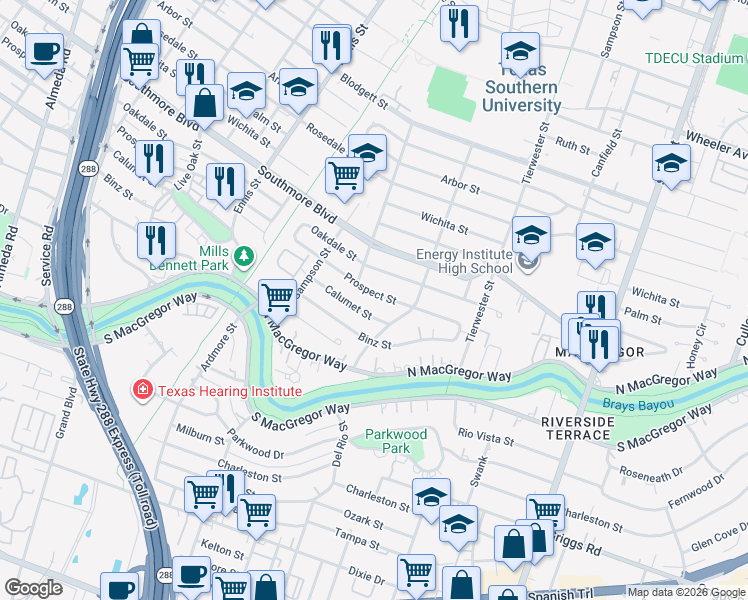 map of restaurants, bars, coffee shops, grocery stores, and more near 3318 Prospect Street in Houston
