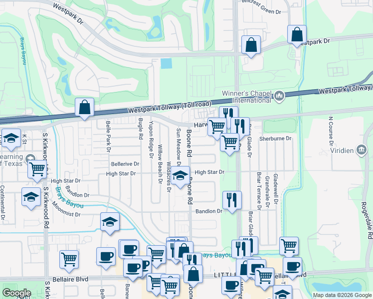 map of restaurants, bars, coffee shops, grocery stores, and more near 11135 Bellspring Drive in Houston
