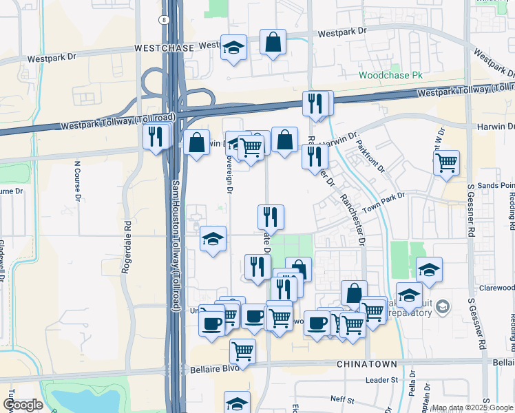map of restaurants, bars, coffee shops, grocery stores, and more near 5993-6013 Corporate Dr in Houston