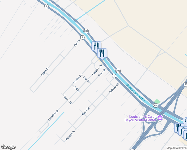 map of restaurants, bars, coffee shops, grocery stores, and more near 207 Hospital Drive in Raceland