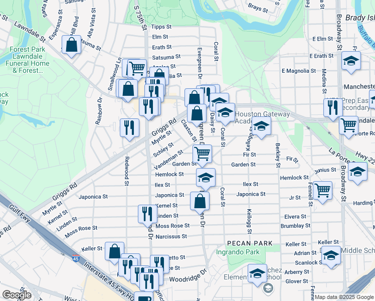 map of restaurants, bars, coffee shops, grocery stores, and more near 7127 Vandeman Street in Houston